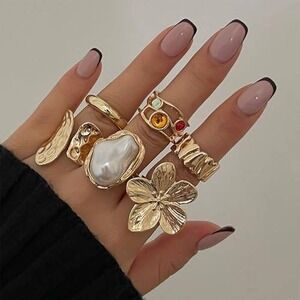 7pc Gold Bohemian Ring Set Faux Pearl Flower Gemstone Stacking Rings Boho
